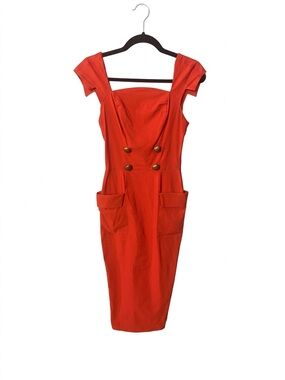 Unique Vintage Barbie Red Midi Sheath Dress with Gold Buttons